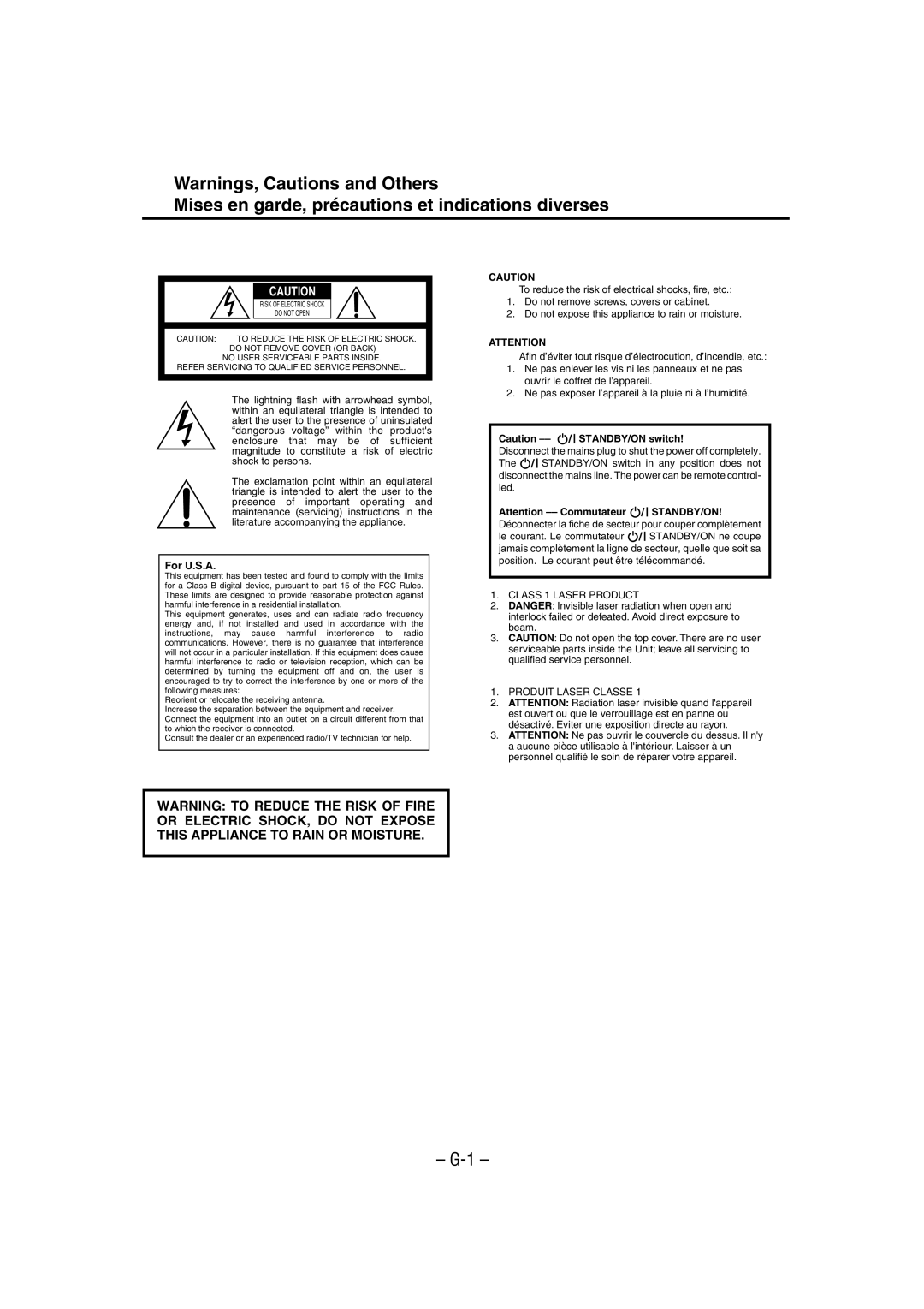 JVC MX-GT700 manual Warnings, Cautions and Others, G-1, For U.S.A, Caution –– STANDBY/ON switch 