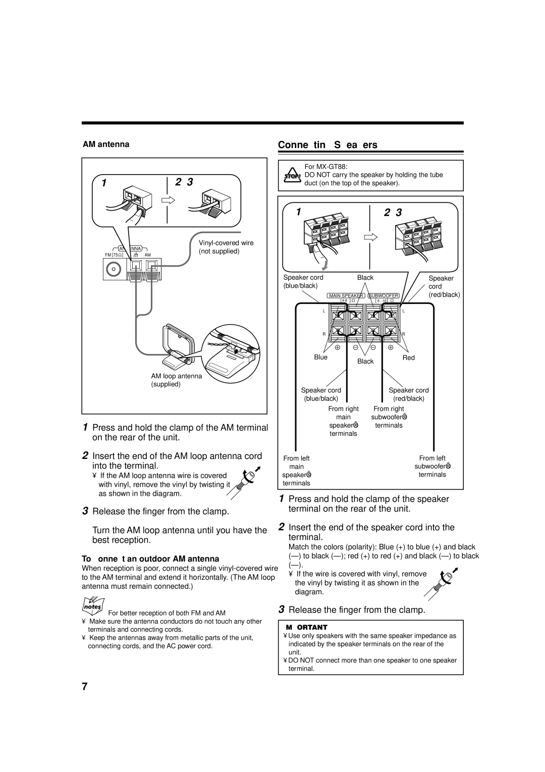 JVC MX-GT88 manual Connecting Speakers, Release the finger from the clamp, To connect an outdoor AM antenna 