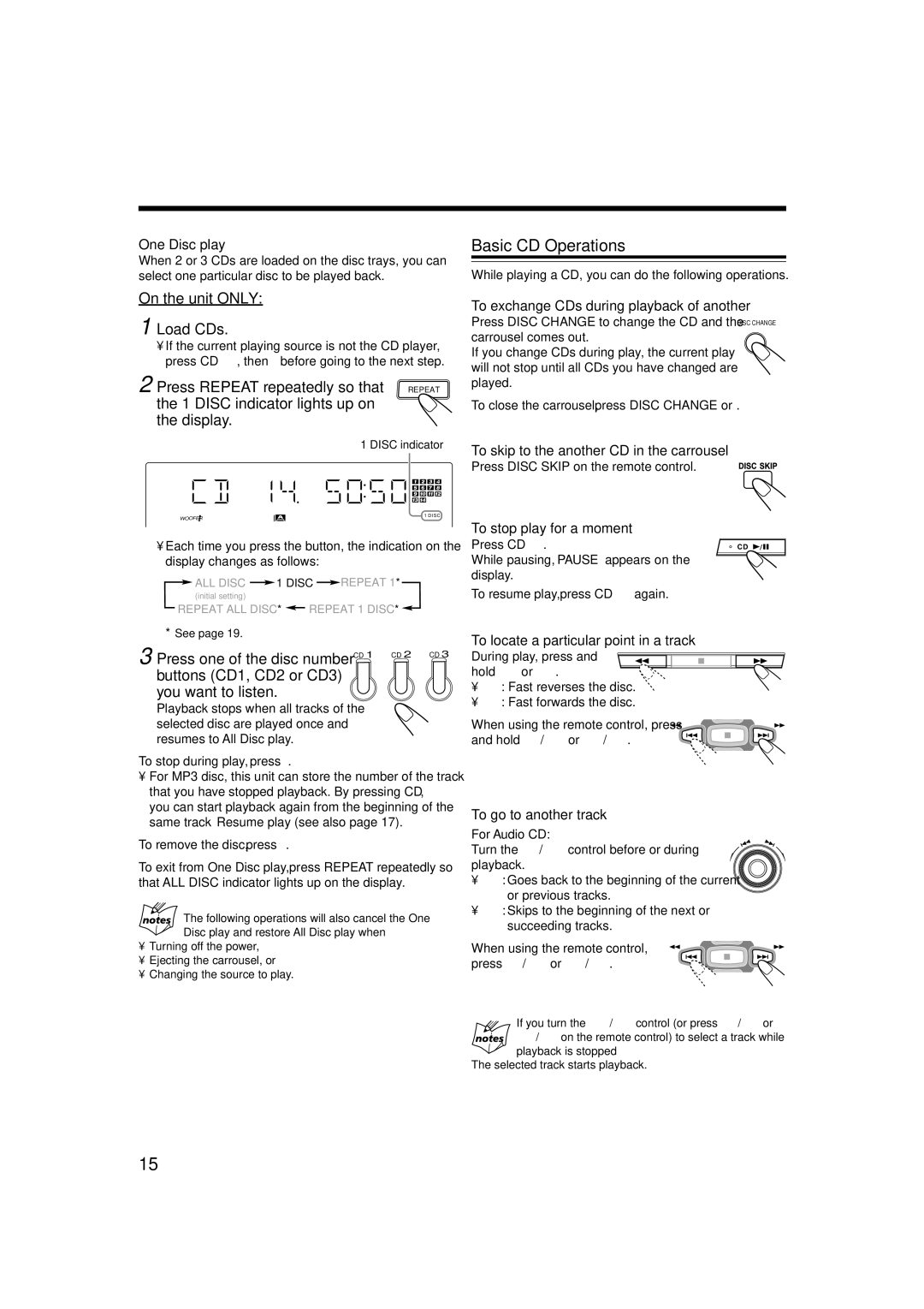 JVC MX-GT88 manual Basic CD Operations, Disc indicator lights up on Display 