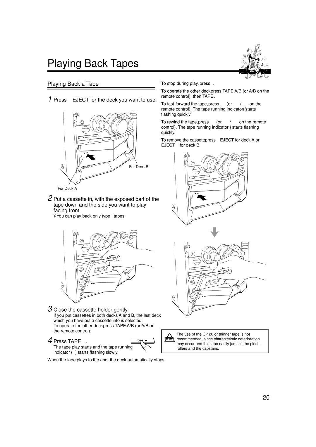 JVC MX-GT88 manual Playing Back Tapes, Playing Back a Tape, Press 0EJECT for the deck you want to use, Press Tape 