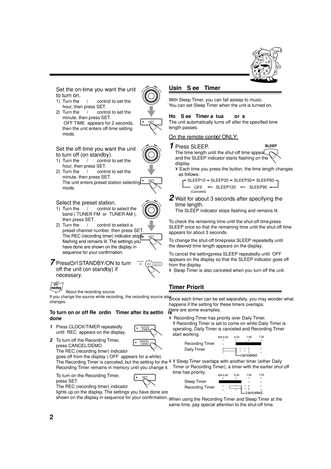 JVC MX-GT88 manual Using Sleep Timer, Timer Priority 