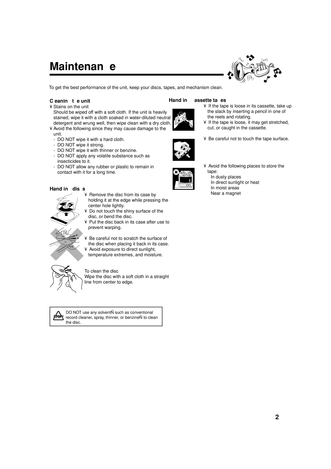 JVC MX-GT88 manual Maintenance, Cleaning the unit, Handling discs, Handling cassette tapes 