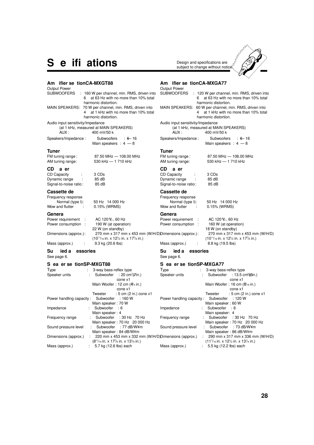 JVC MX-GT88 manual Specifications 