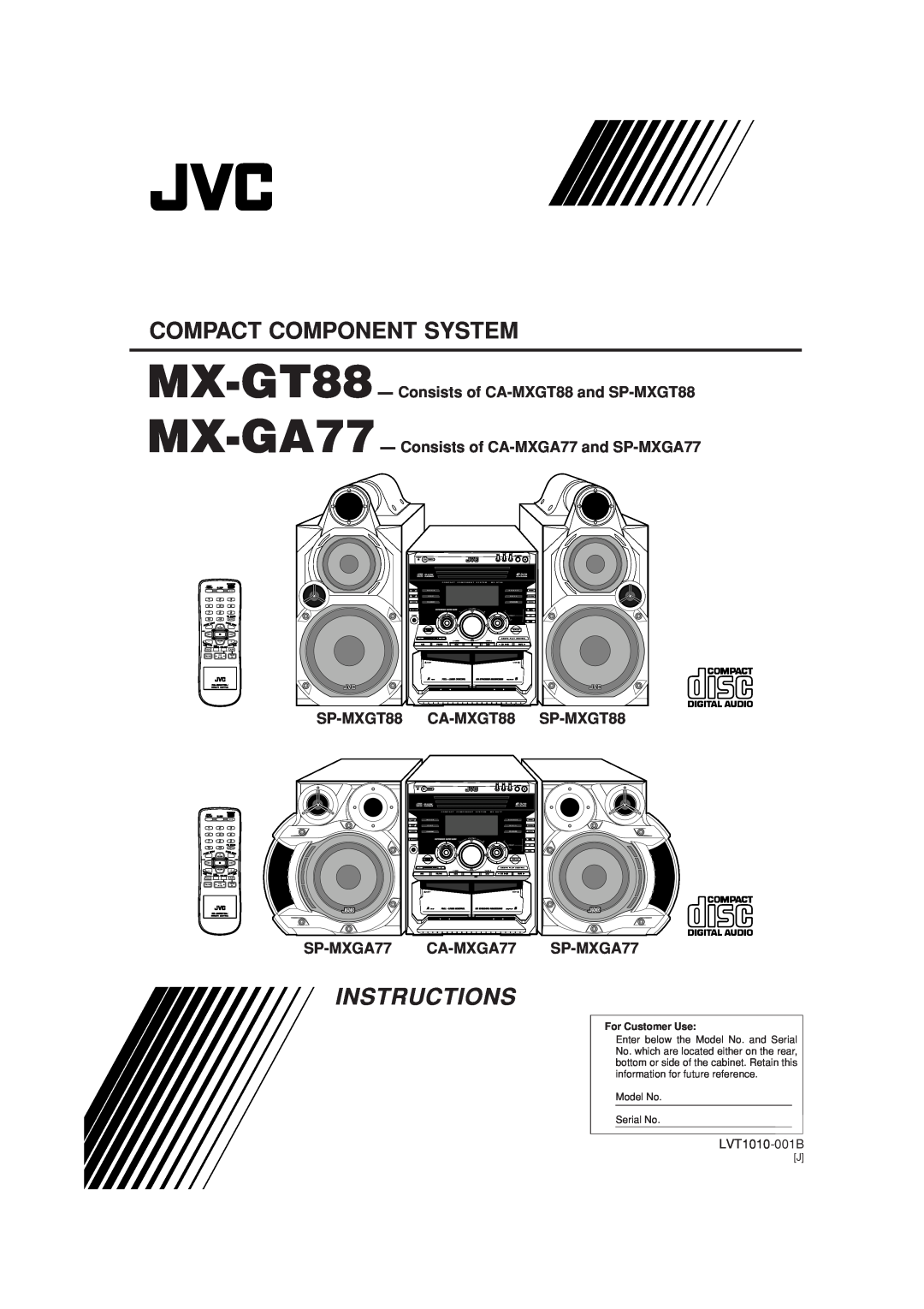JVC MX-GT88 manual Compact Component System, Instructions, SP-MXGT88, CA-MXGT88, SP-MXGA77 CA-MXGA77 SP-MXGA77, Vo Lume 