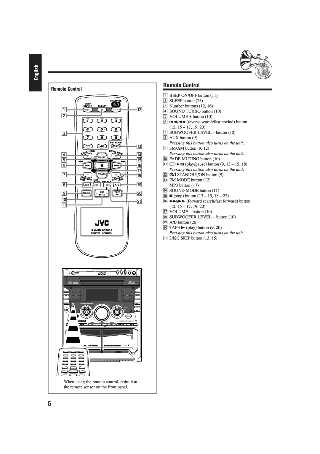 JVC MX-GT88 manual Remote Control, English, 1 2 3 4 5 6 7 8 9 p q, r t y u o 