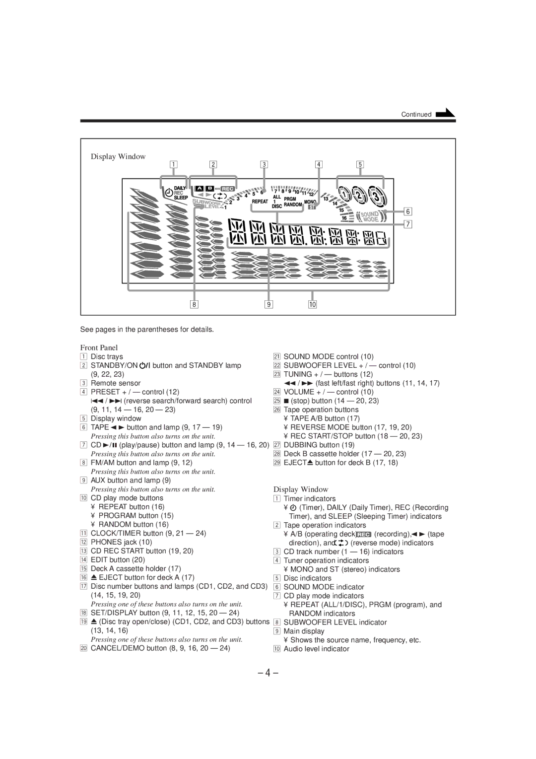 JVC MX-GT90 manual Display Window, See pages in the parentheses for details, AUX button and lamp 