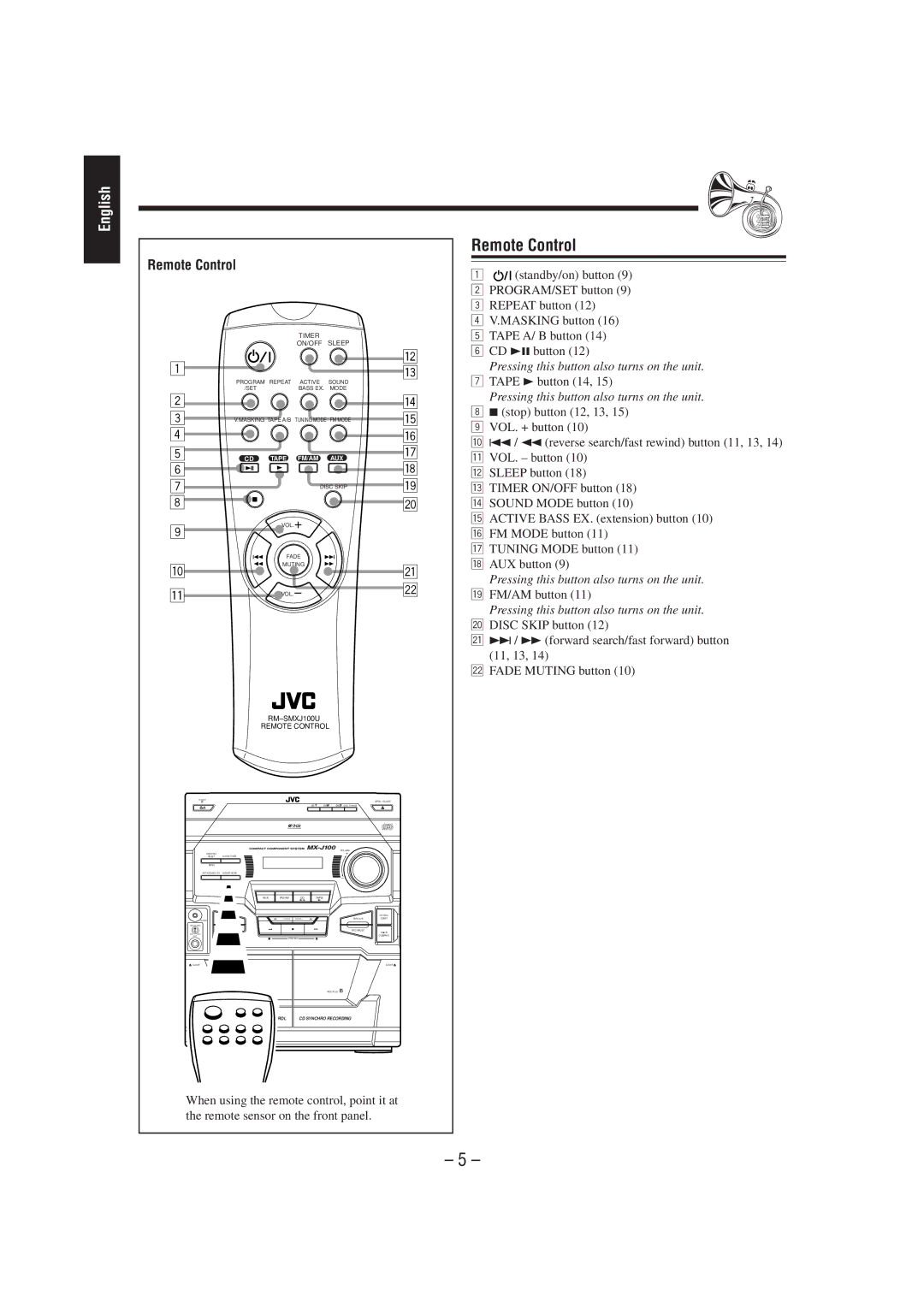 JVC MX-J100 manual Remote Control 