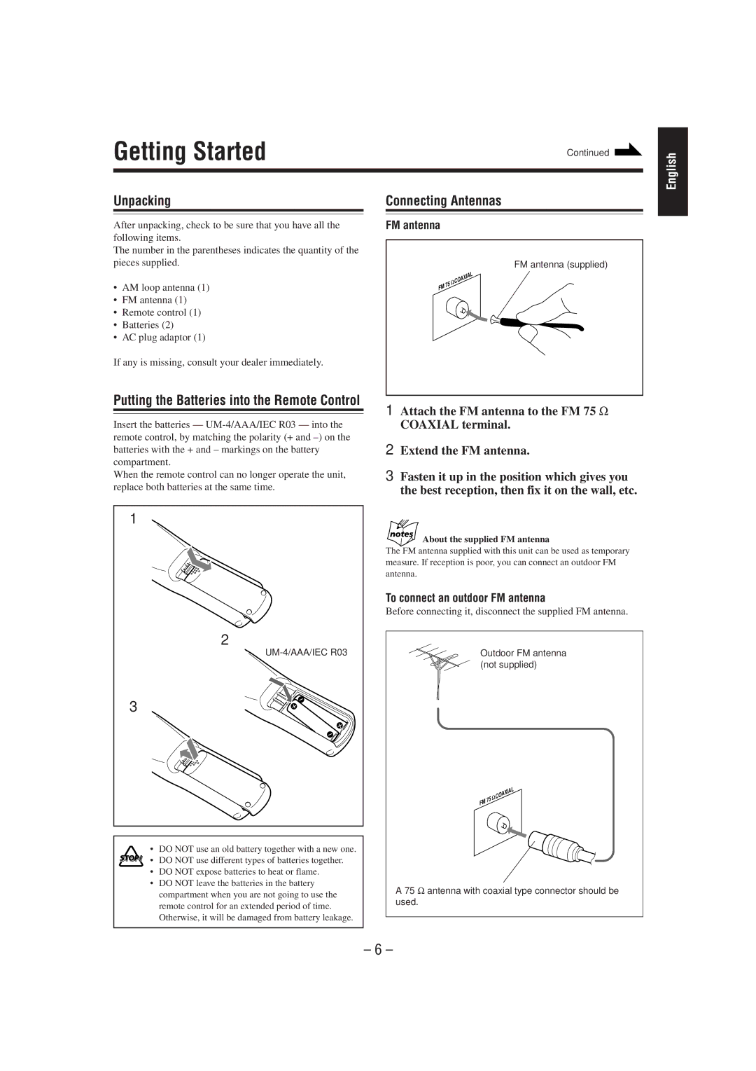 JVC MX-J100 manual Getting Started, Unpacking Connecting Antennas, To connect an outdoor FM antenna 