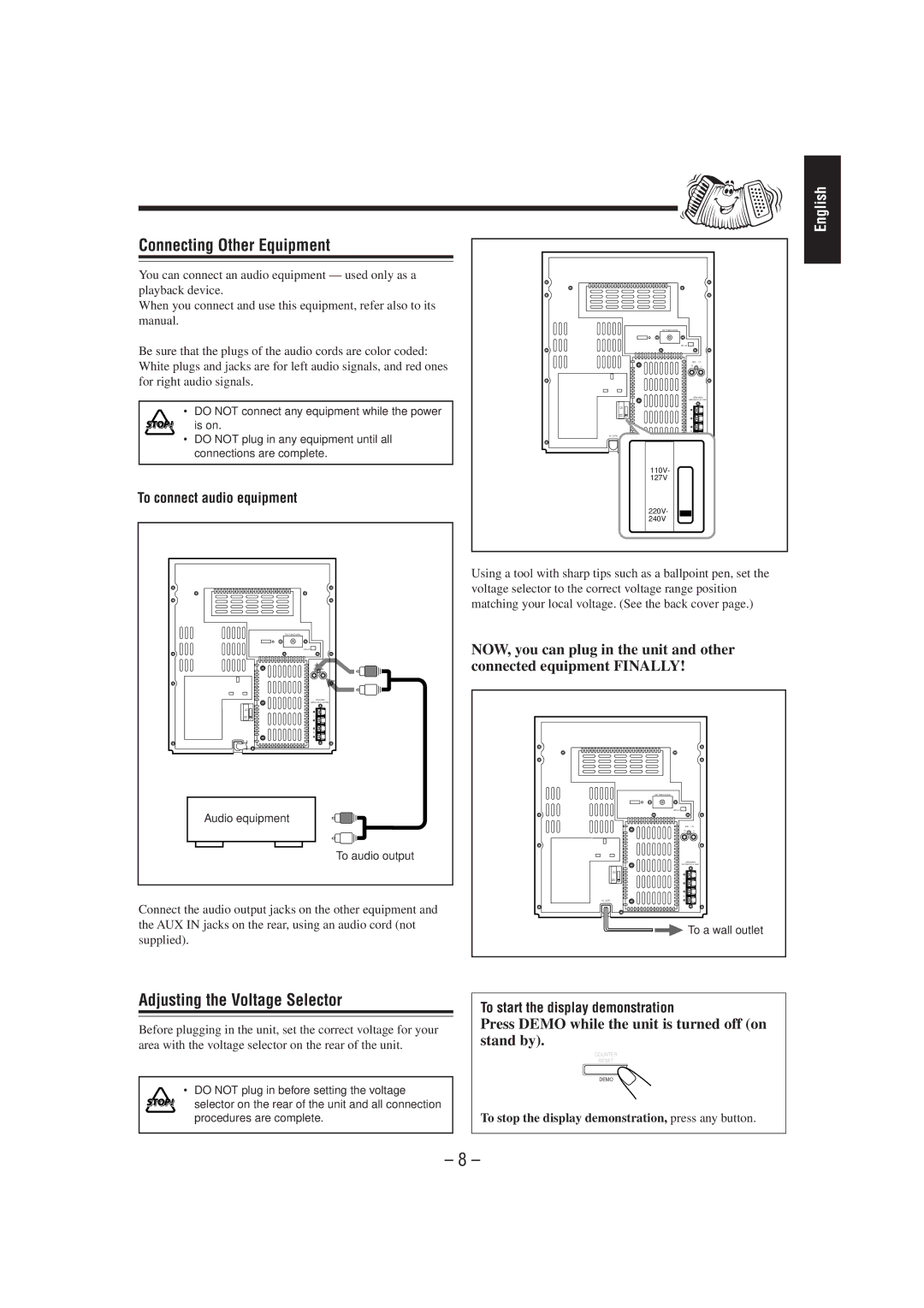 JVC MX-J100 manual Connecting Other Equipment, Adjusting the Voltage Selector, To connect audio equipment 