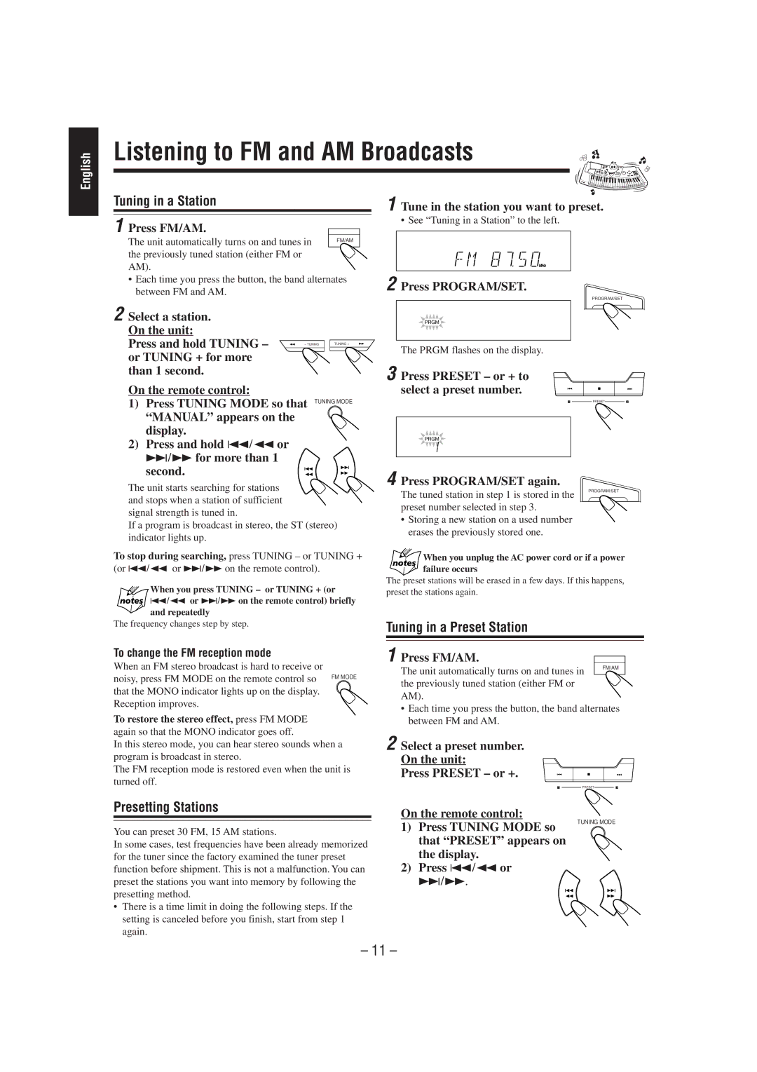 JVC MX-J100 manual Listening to FM and AM Broadcasts, Tuning in a Station, Tuning in a Preset Station, Presetting Stations 