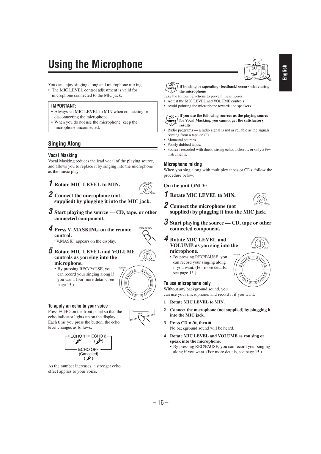 JVC MX-J100 manual Using the Microphone, Singing Along 