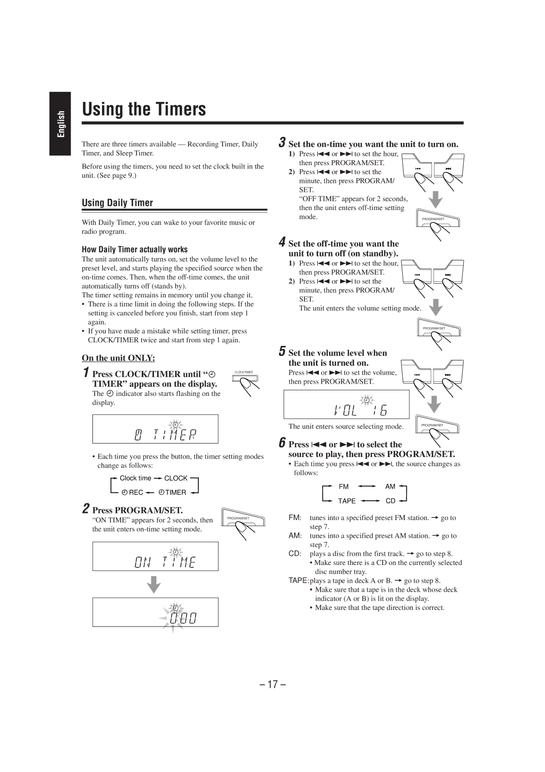 JVC MX-J100 manual Using the Timers, Using Daily Timer 