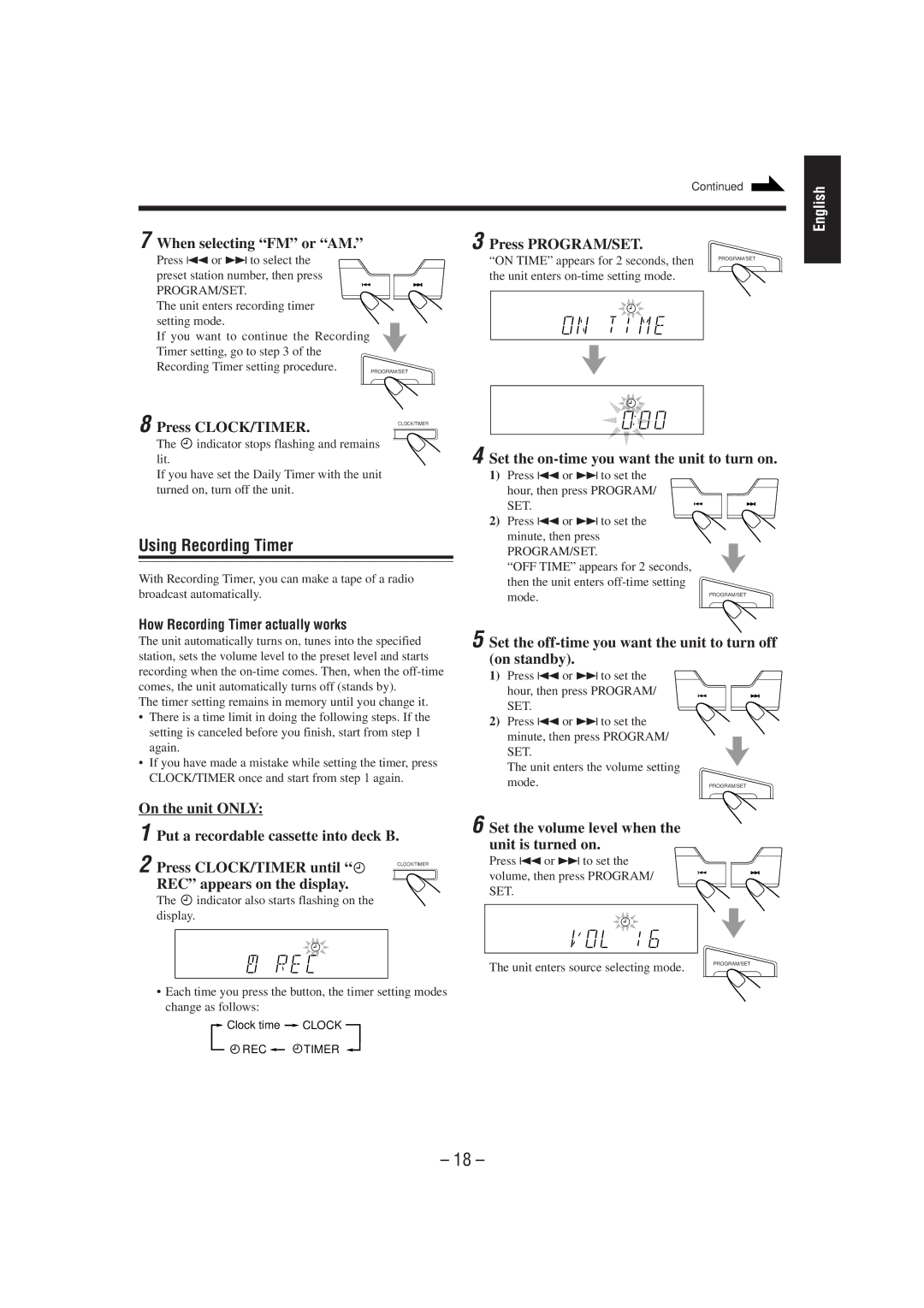 JVC MX-J100 manual Using Recording Timer, When selecting FM or AM, Press CLOCK/TIMER, REC appears on the display 