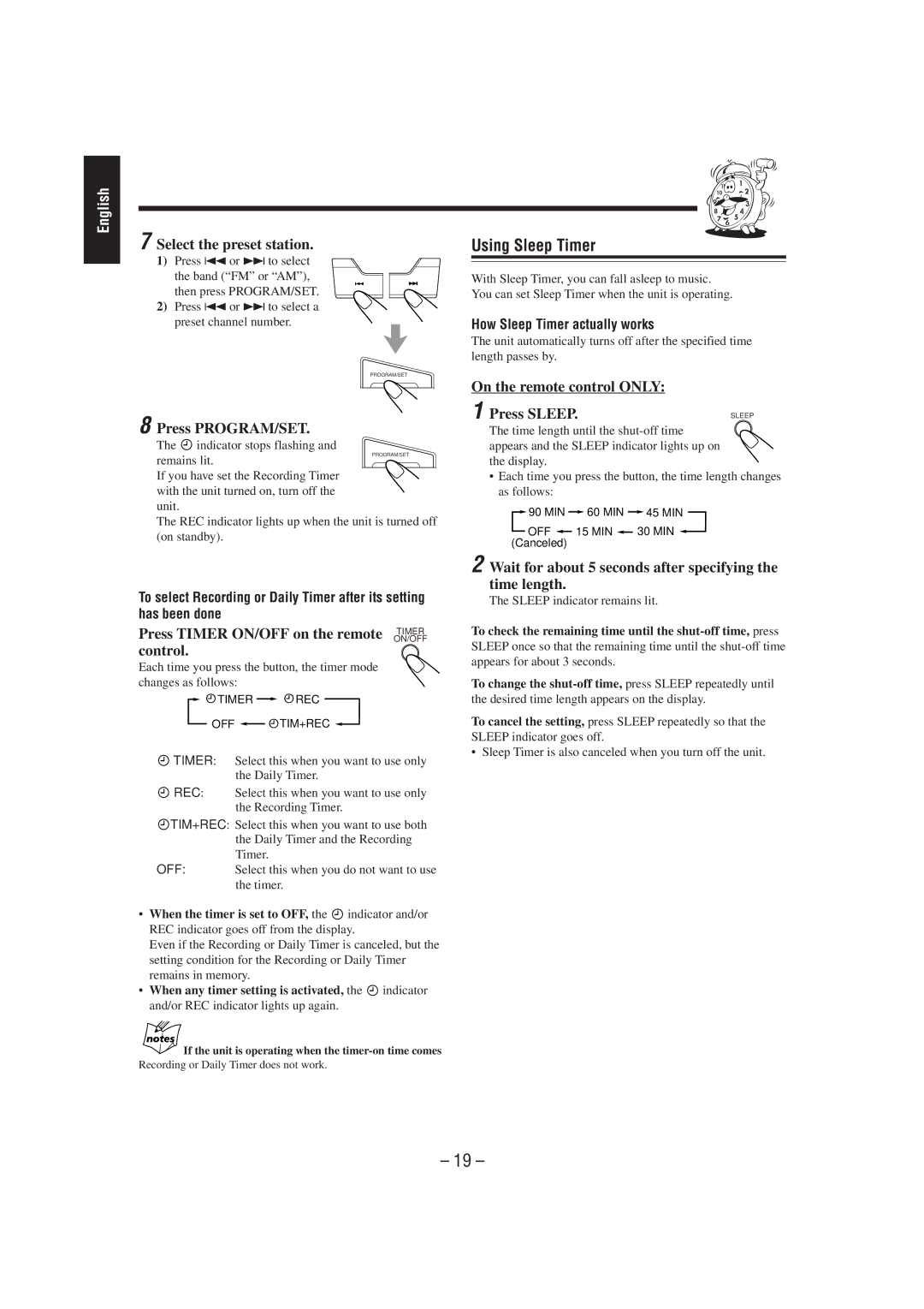 JVC MX-J100 manual Using Sleep Timer, Select the preset station, On the remote control only Press Sleep 