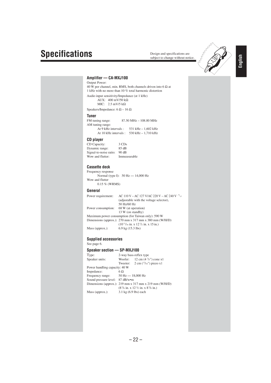 JVC MX-J100 manual Specifications 