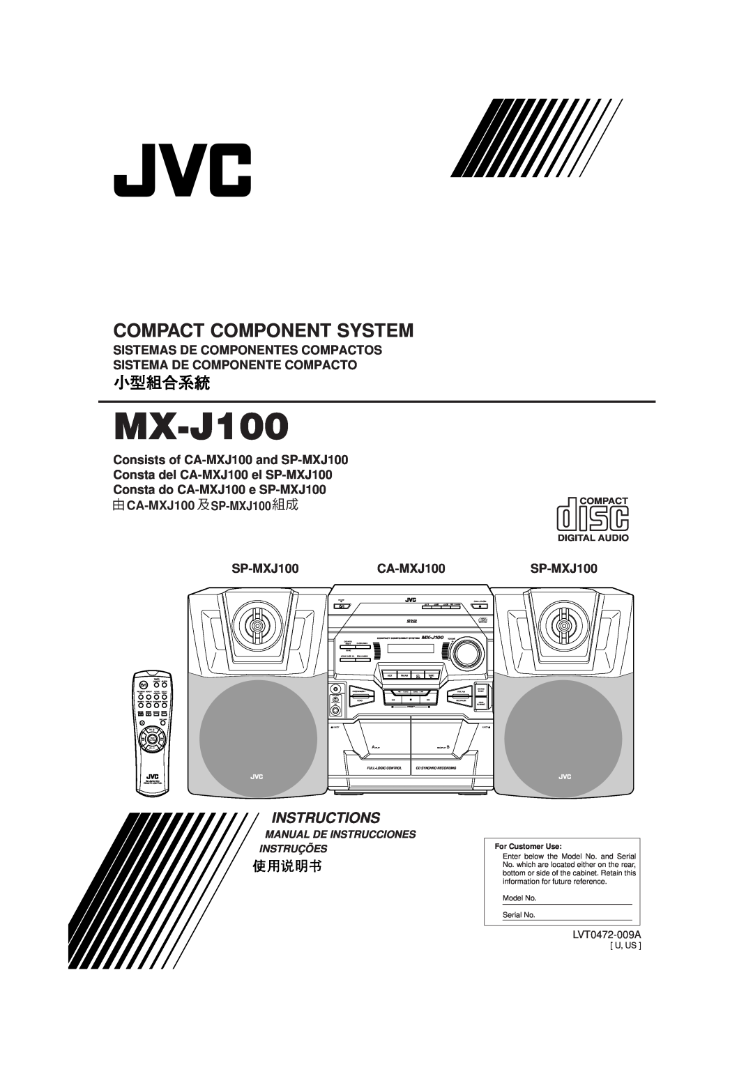 JVC MX-J100 manual Compact Component System, Instructions, SP-MXJ100, Manual De Instrucciones Instruções, LVT0472-009A 