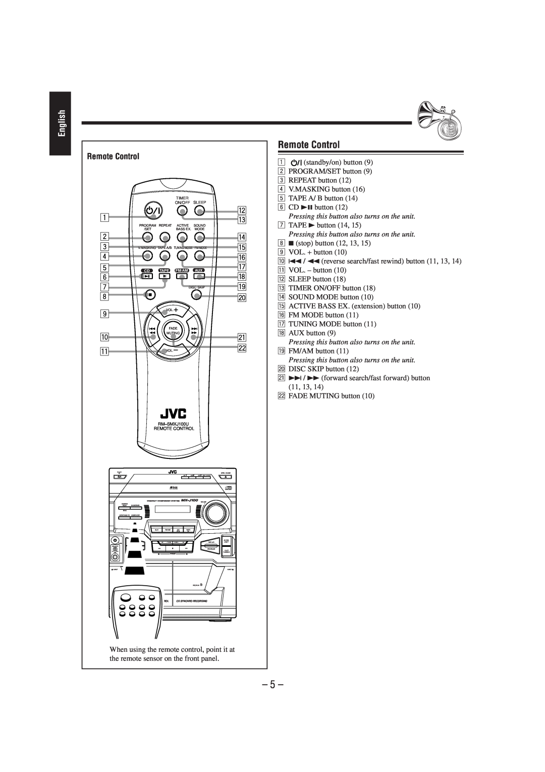 JVC MX-J100 manual Remote Control, English 