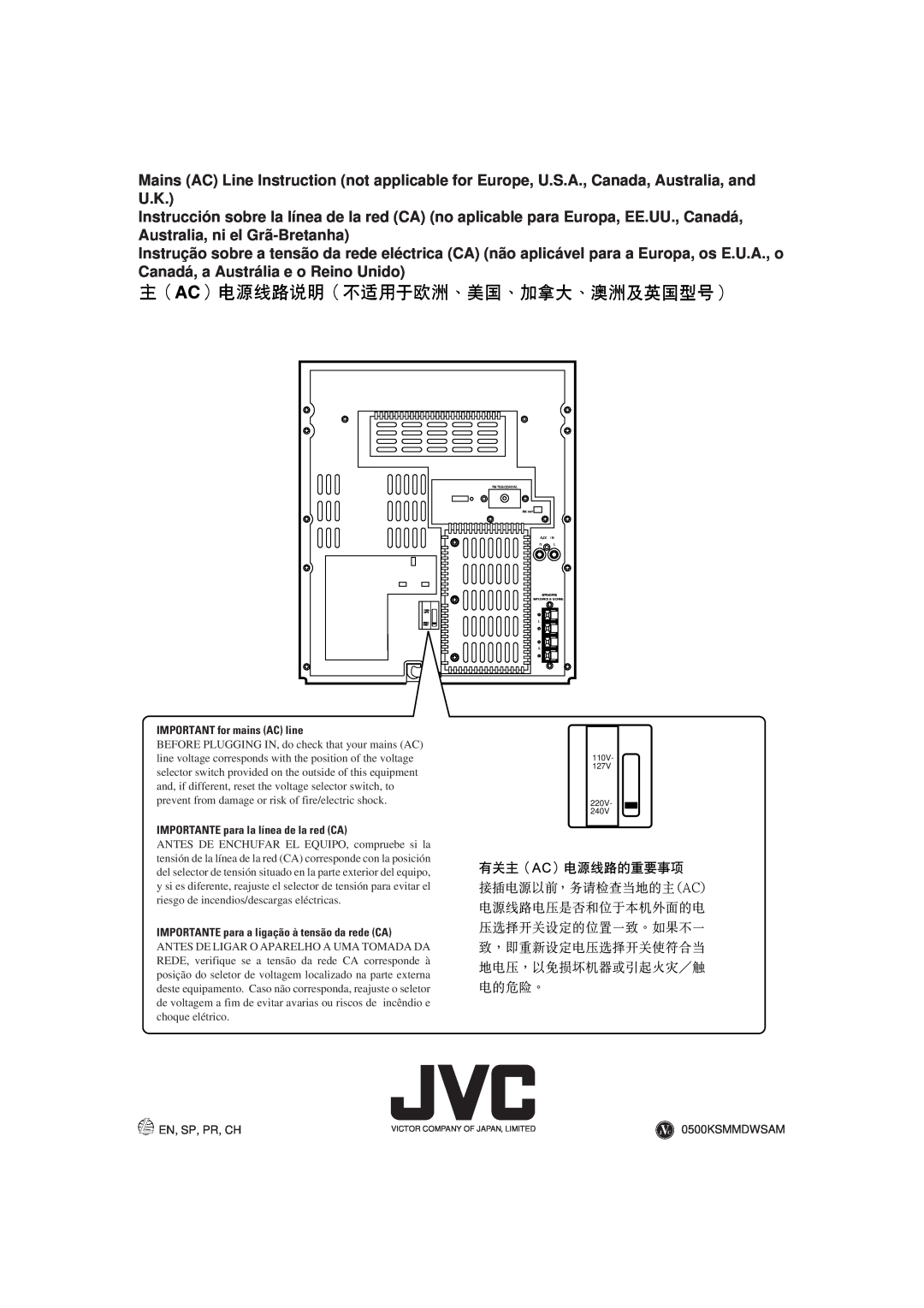 JVC MX-J100 manual IMPORTANT for mains AC line, IMPORTANTE para la línea de la red CA, 0500KSMMDWSAM 