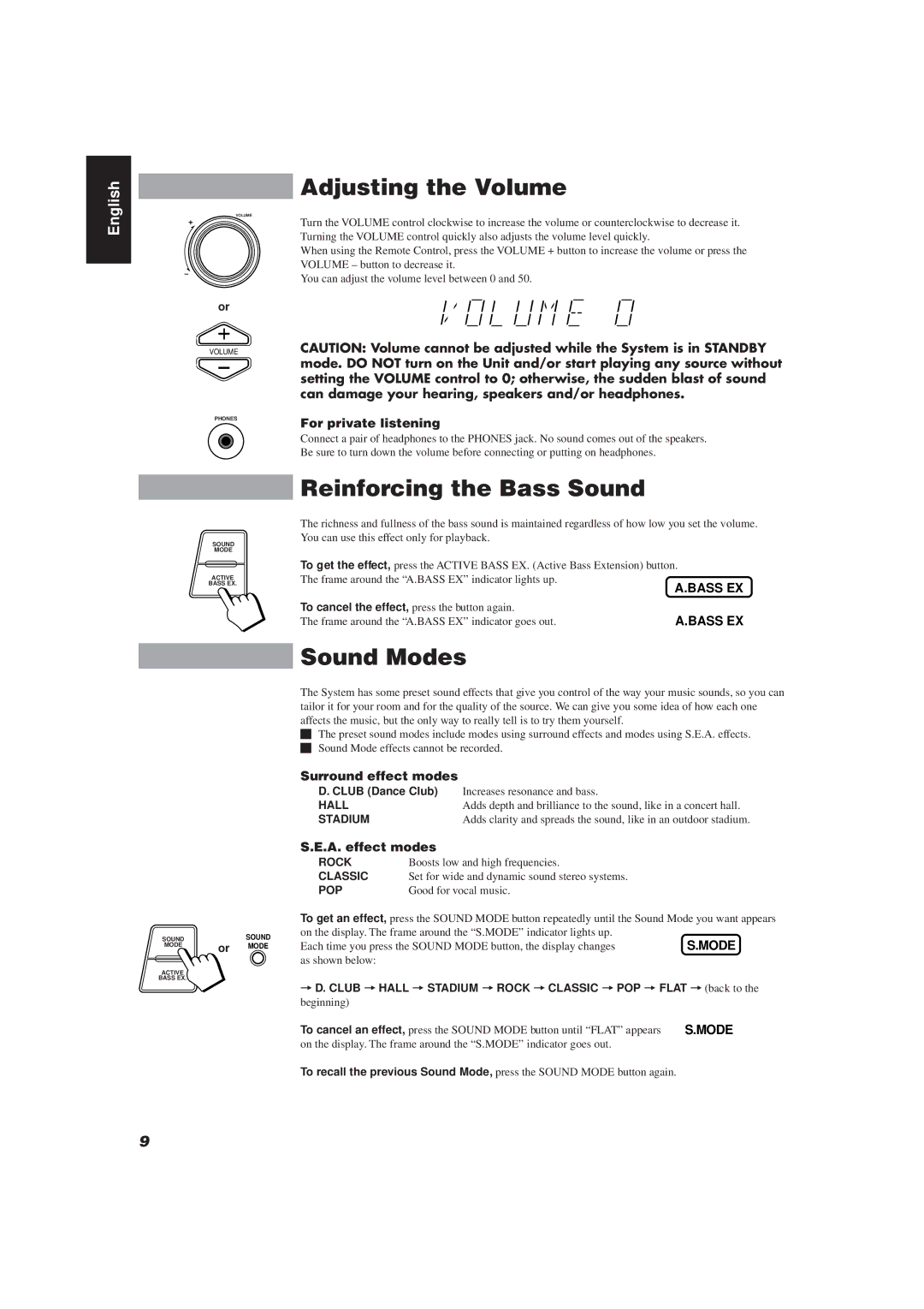 JVC MX-J111V manual Adjusting the Volume, Reinforcing the Bass Sound, Sound Modes 