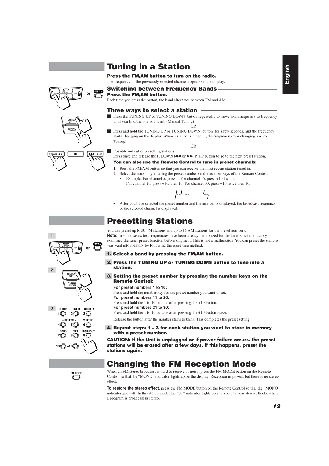 JVC MX-J111V Tuning in a Station, Presetting Stations, Changing the FM Reception Mode, Switching between Frequency Bands 