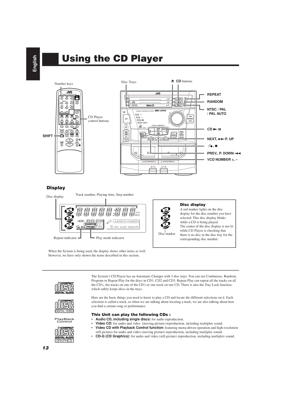 JVC MX-J111V manual Using the CD Player, Disc display, This Unit can play the following CDs 