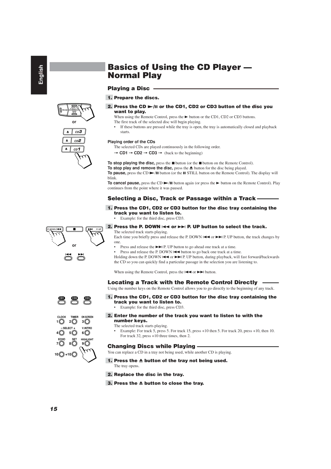 JVC MX-J111V Basics of Using the CD Player Normal Play, Playing a Disc, Selecting a Disc, Track or Passage within a Track 