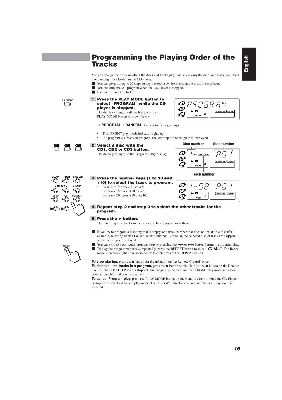 JVC MX-J111V manual Programming the Playing Order of the Tracks, Select a disc with, CD1, CD2 or CD3 button, Track number 