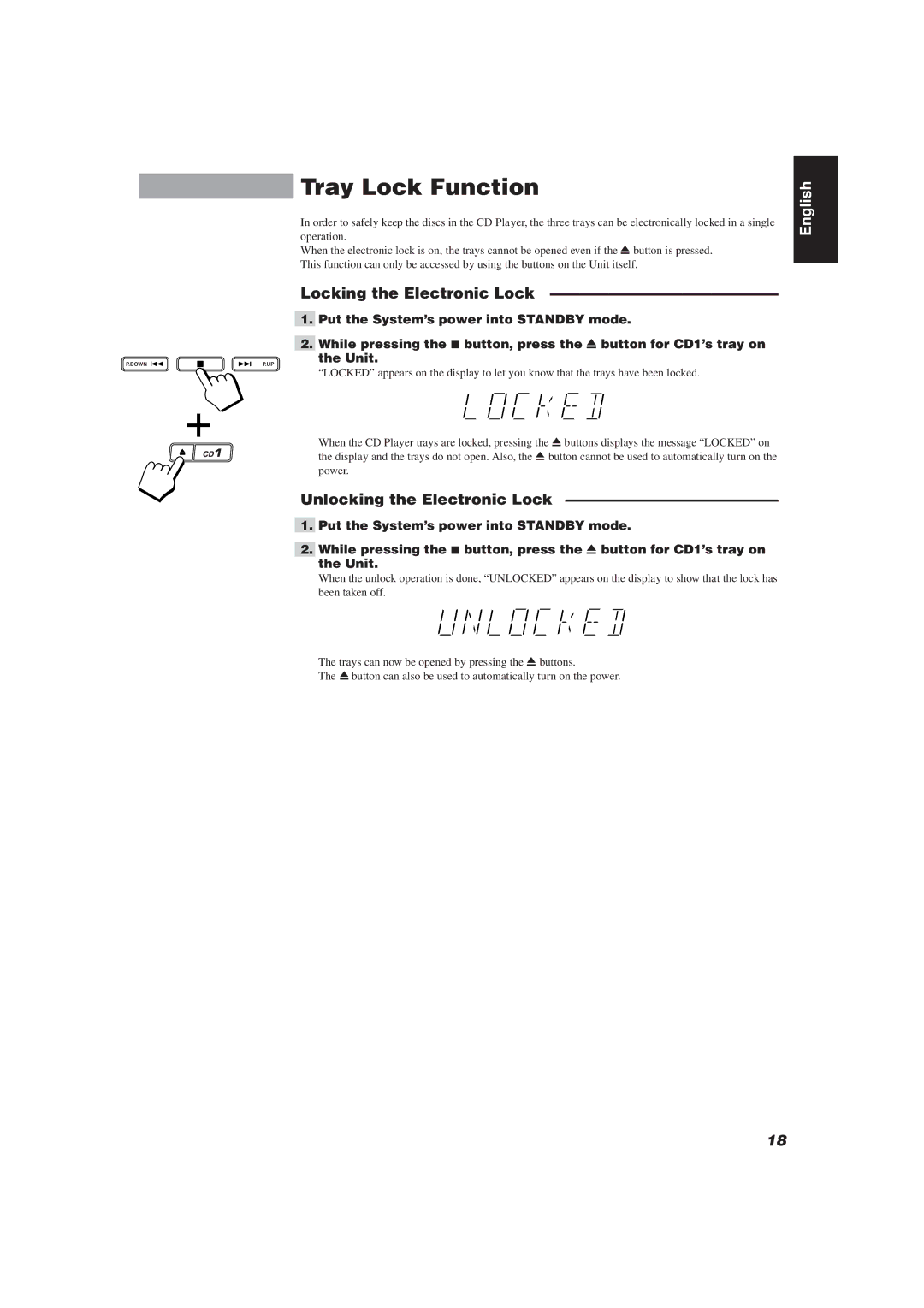 JVC MX-J111V manual Tray Lock Function, Locking the Electronic Lock, Unlocking the Electronic Lock, Unit 