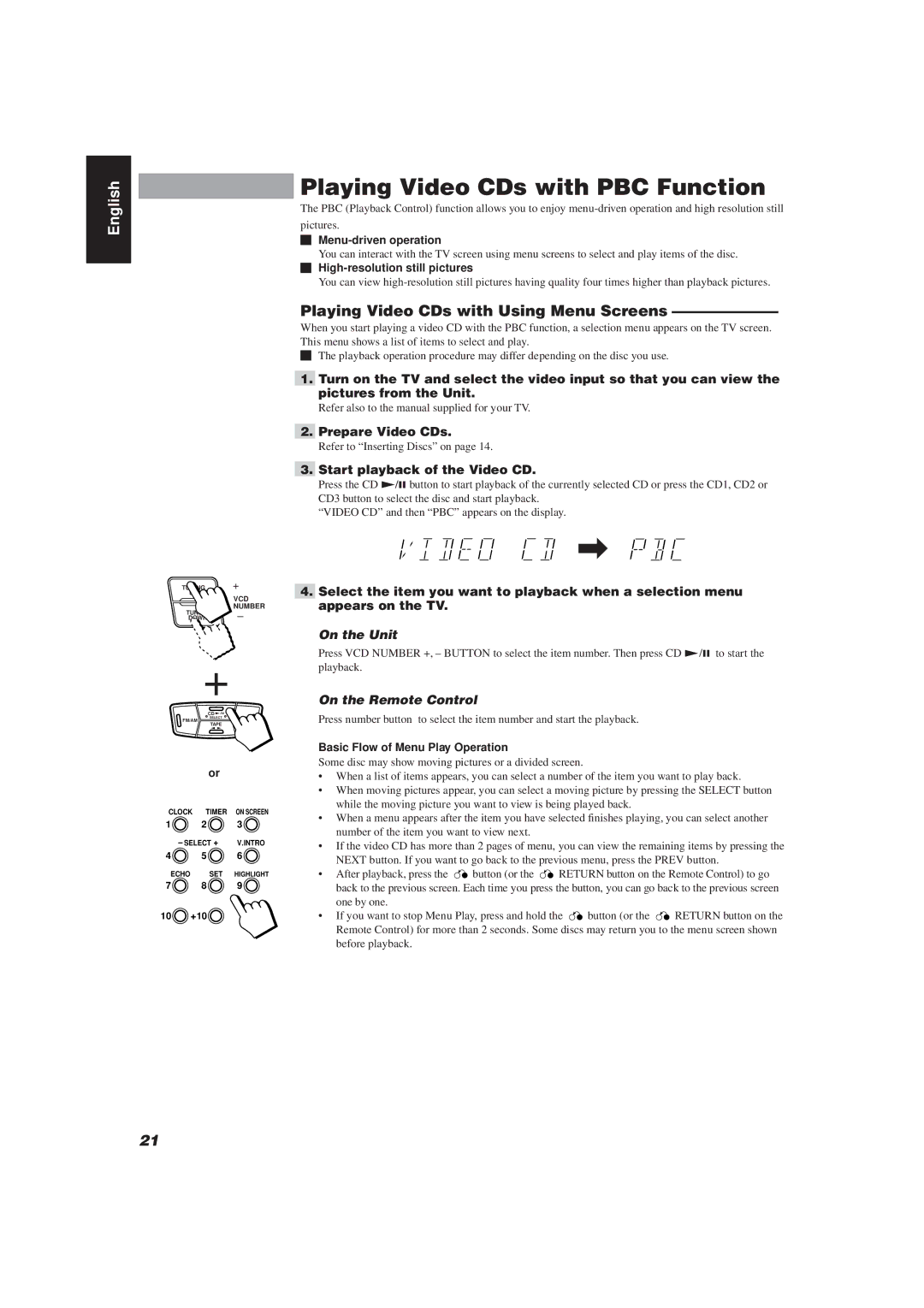 JVC MX-J111V manual Playing Video CDs with PBC Function, Playing Video CDs with Using Menu Screens, Prepare Video CDs 