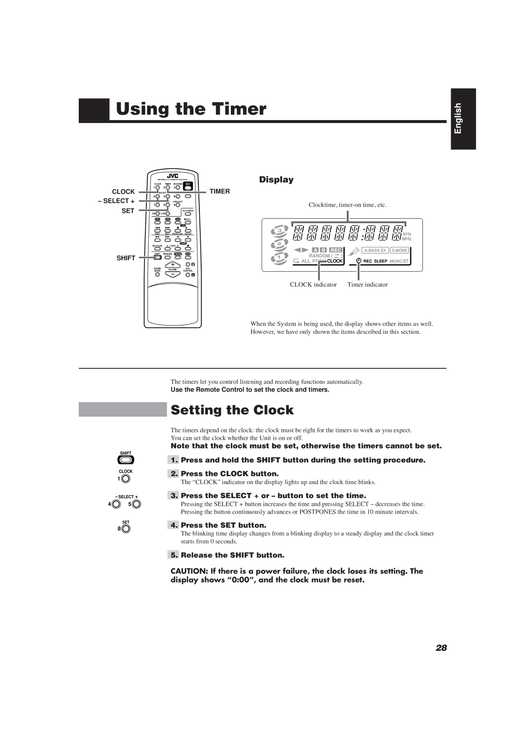 JVC MX-J111V manual Using the Timer, Setting the Clock, Press the Select + or button to set the time, Press the SET button 