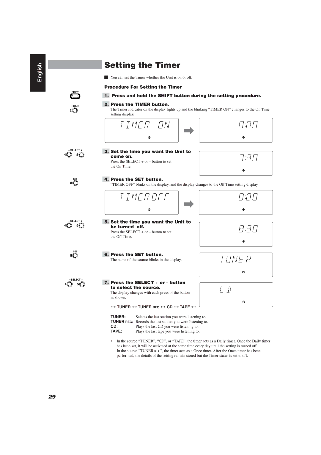 JVC MX-J111V manual Setting the Timer 