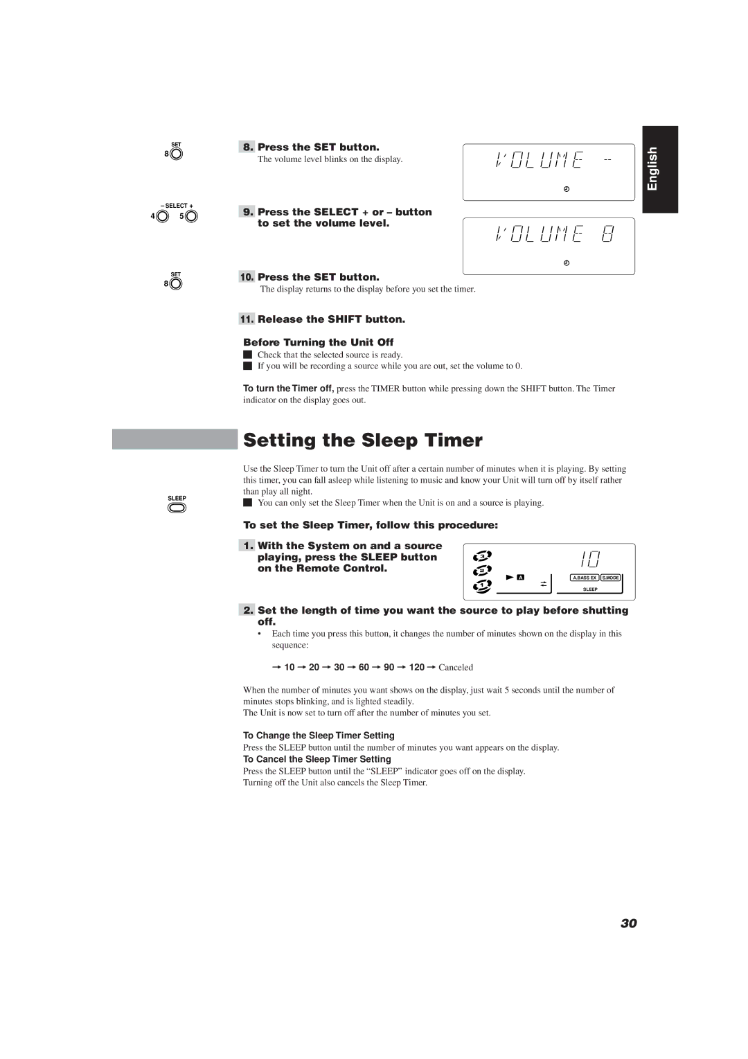 JVC MX-J111V manual Setting the Sleep Timer, Release the Shift button Before Turning the Unit Off 