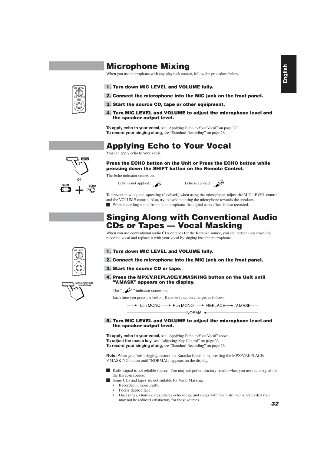 JVC MX-J111V manual Microphone Mixing, Applying Echo to Your Vocal, Pressing down the Shift button on the Remote Control 