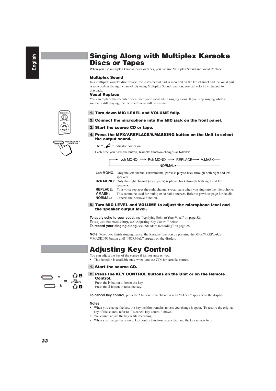 JVC MX-J111V Singing Along with Multiplex Karaoke Discs or Tapes, Adjusting Key Control, Multiplex Sound, Vocal Replace 