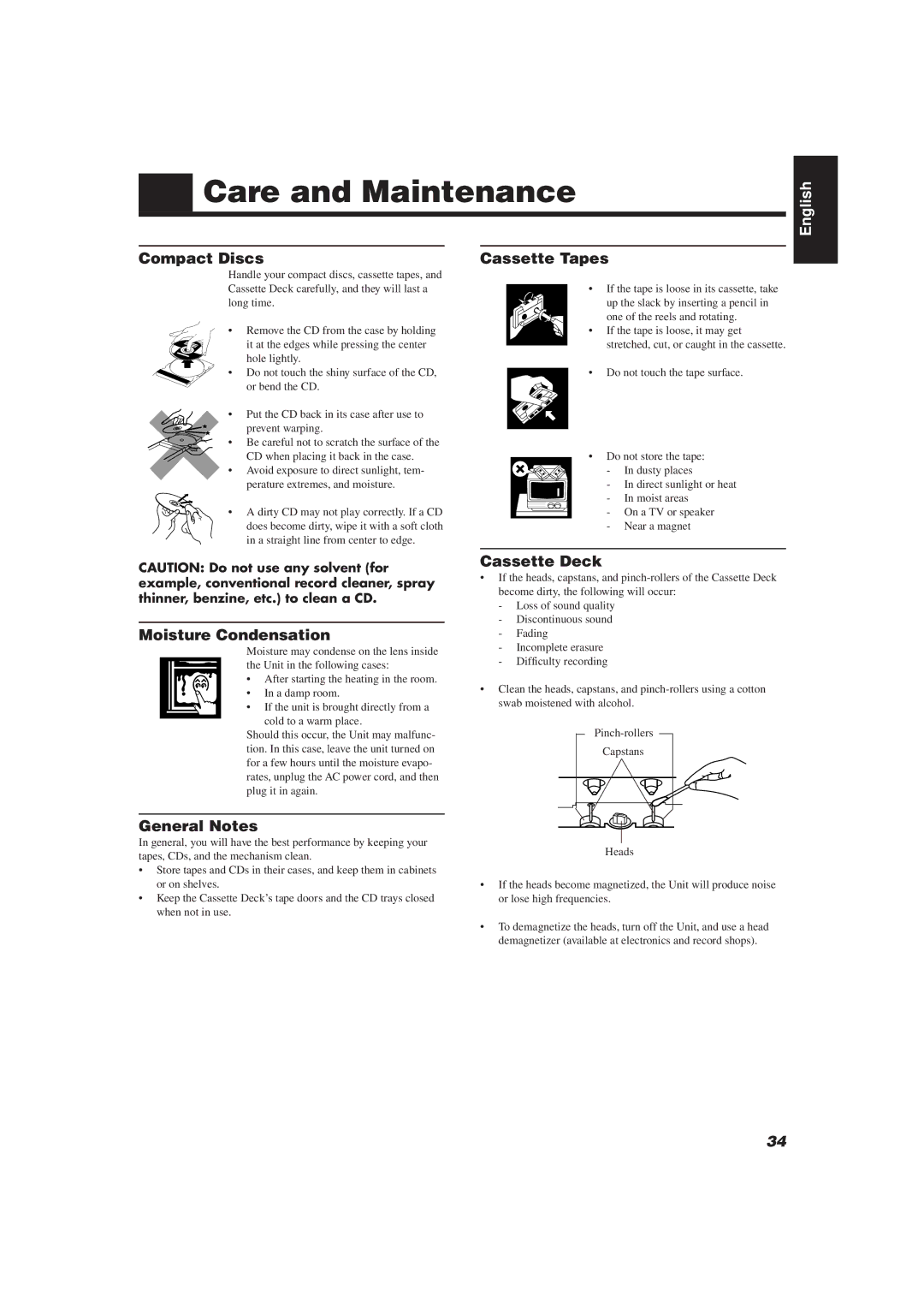 JVC MX-J111V manual Care and Maintenance, Compact Discs Cassette Tapes, Moisture Condensation, Cassette Deck, General Notes 