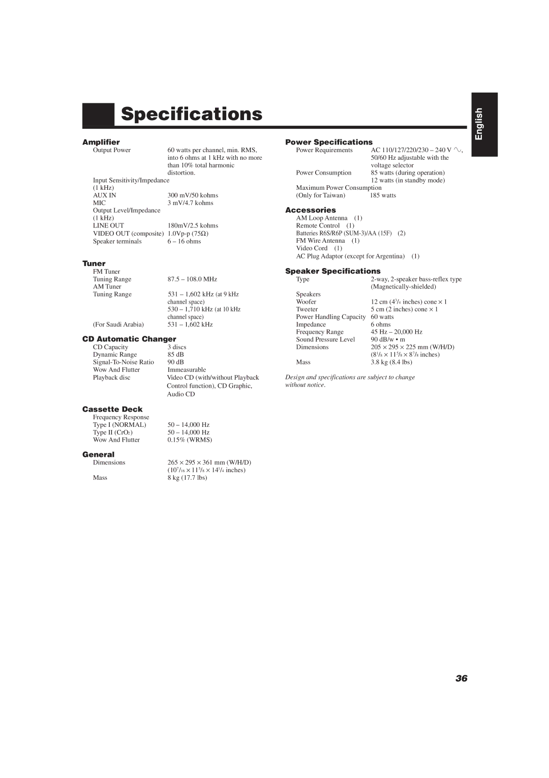 JVC MX-J111V manual Specifications 