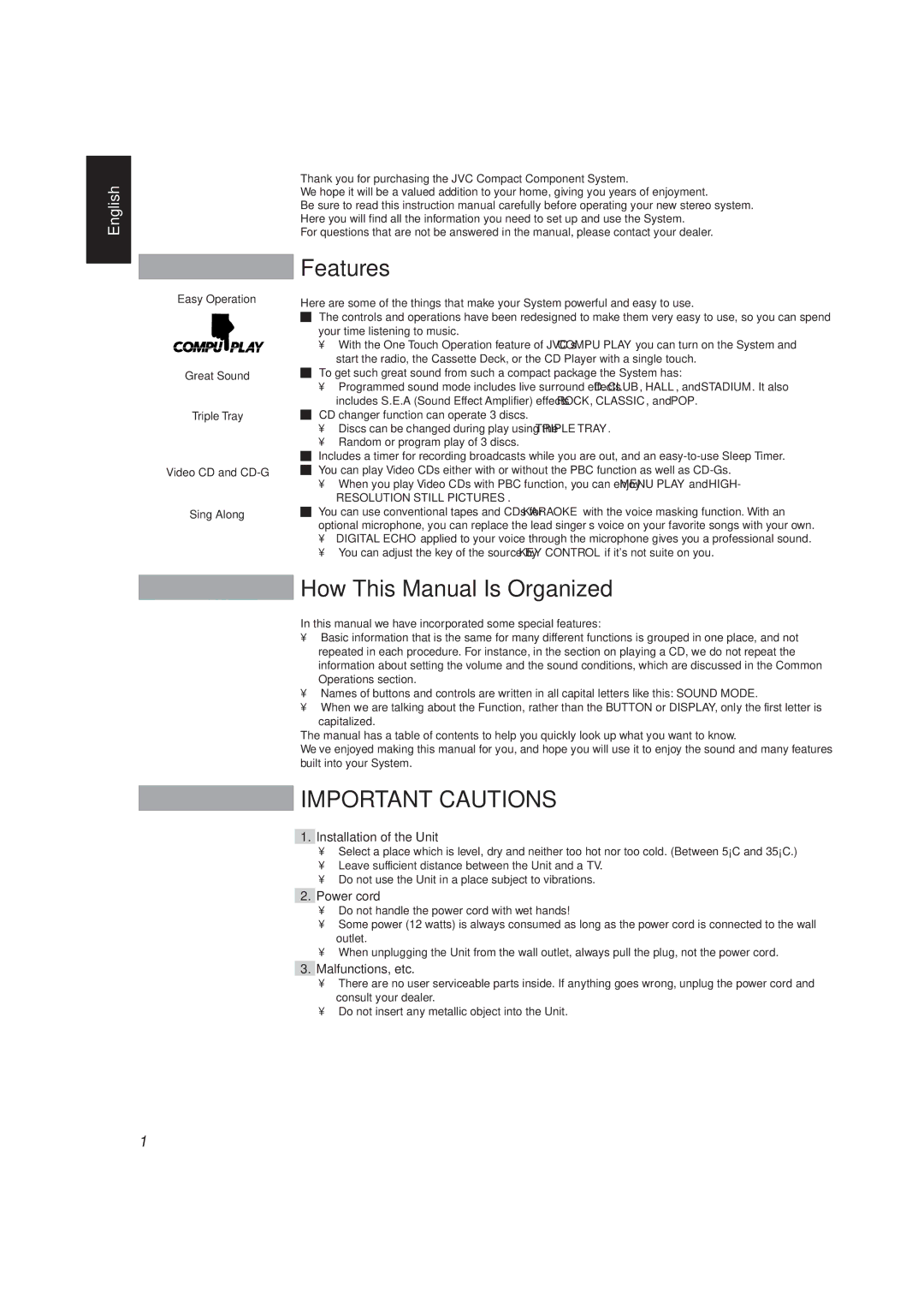 JVC MX-J111V manual Features, How This Manual Is Organized, Installation of the Unit, Power cord, Malfunctions, etc 