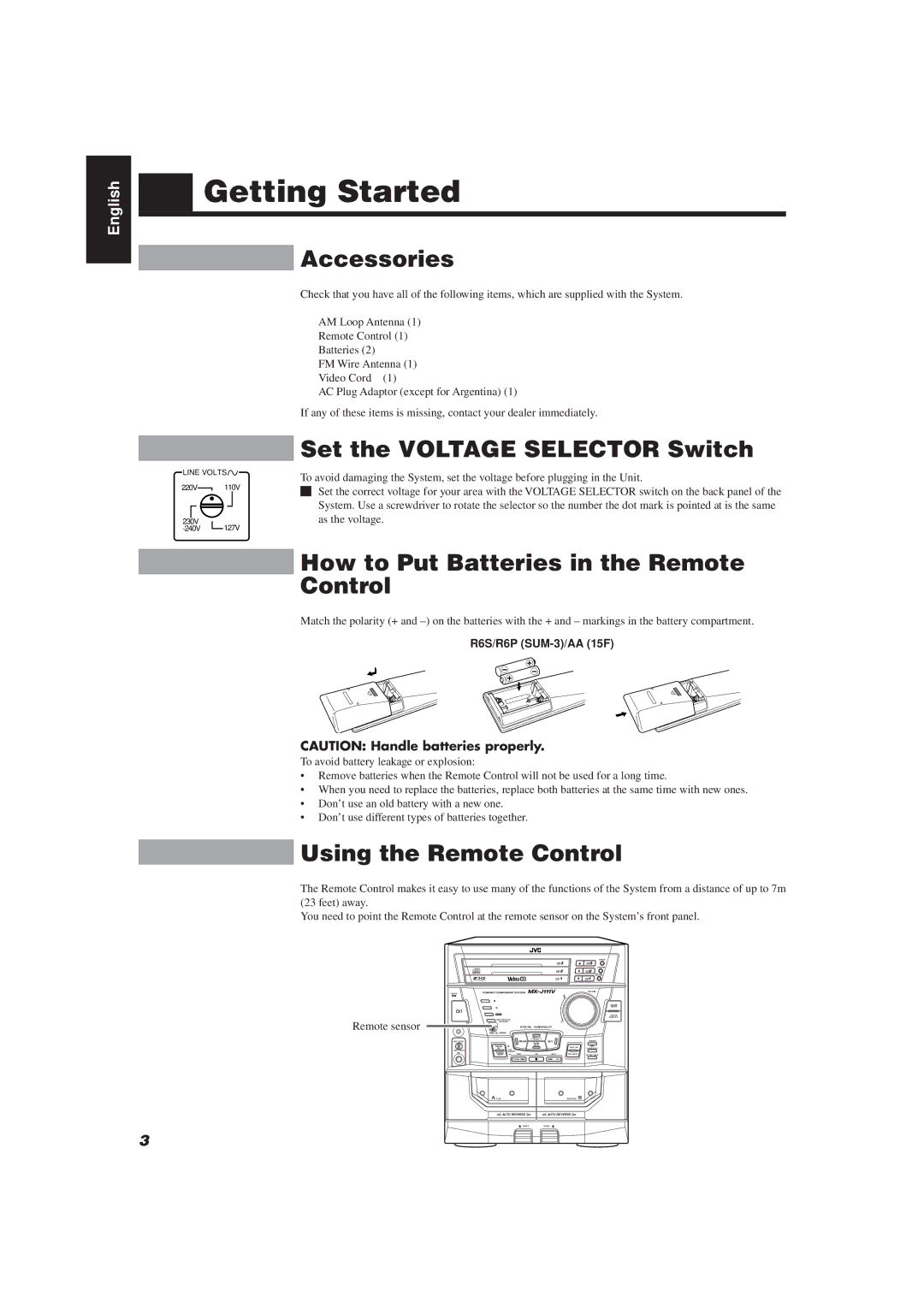 JVC MX-J111V Getting Started, Accessories, Set the Voltage Selector Switch, How to Put Batteries in the Remote Control 