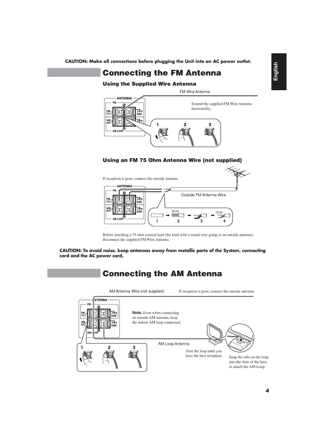 JVC MX-J111V manual Connecting the FM Antenna, Connecting the AM Antenna, Using the Supplied Wire Antenna 