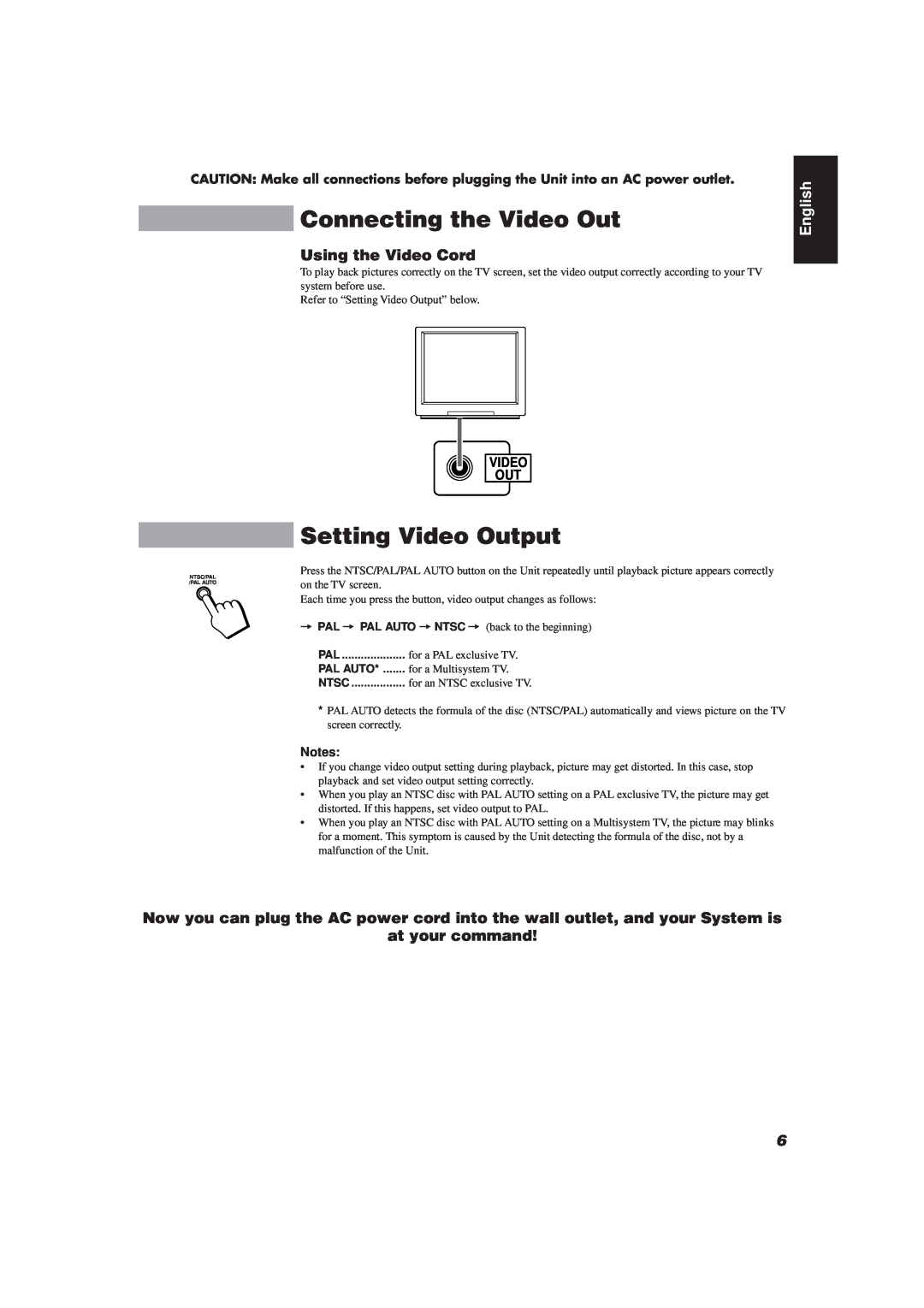 JVC MX-J111V manual Connecting the Video Out, Setting Video Output, Using the Video Cord, at your command, English 