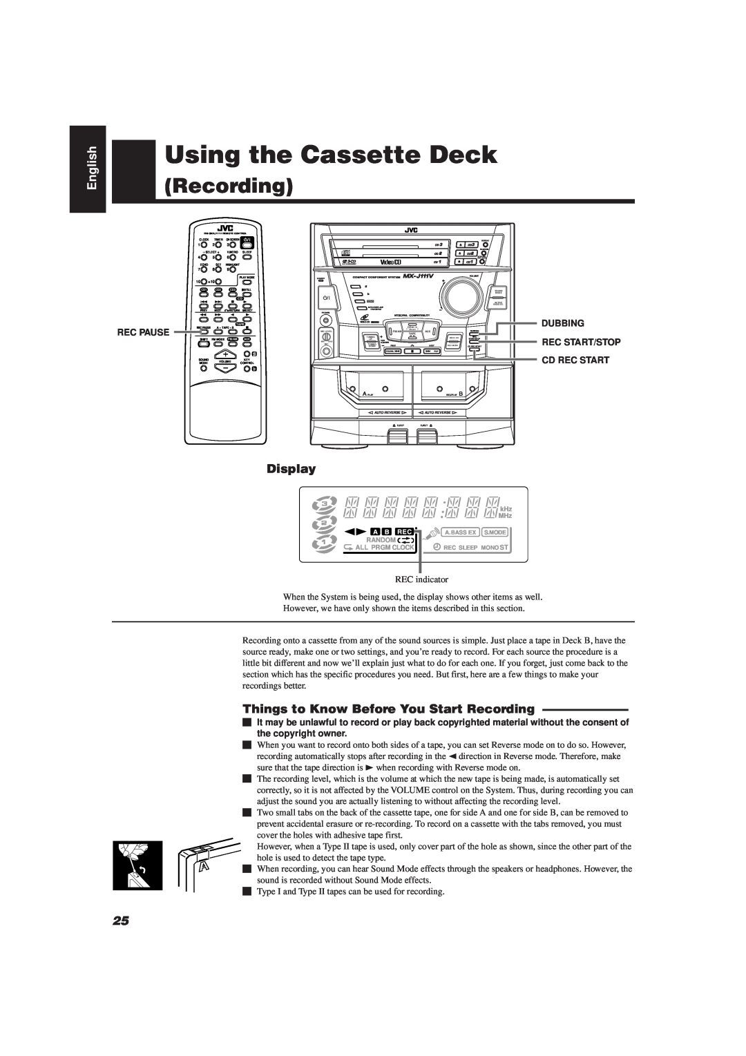 JVC MX-J111V Things to Know Before You Start Recording, Using the Cassette Deck, English, Display, Dubbing, Rec Pause 