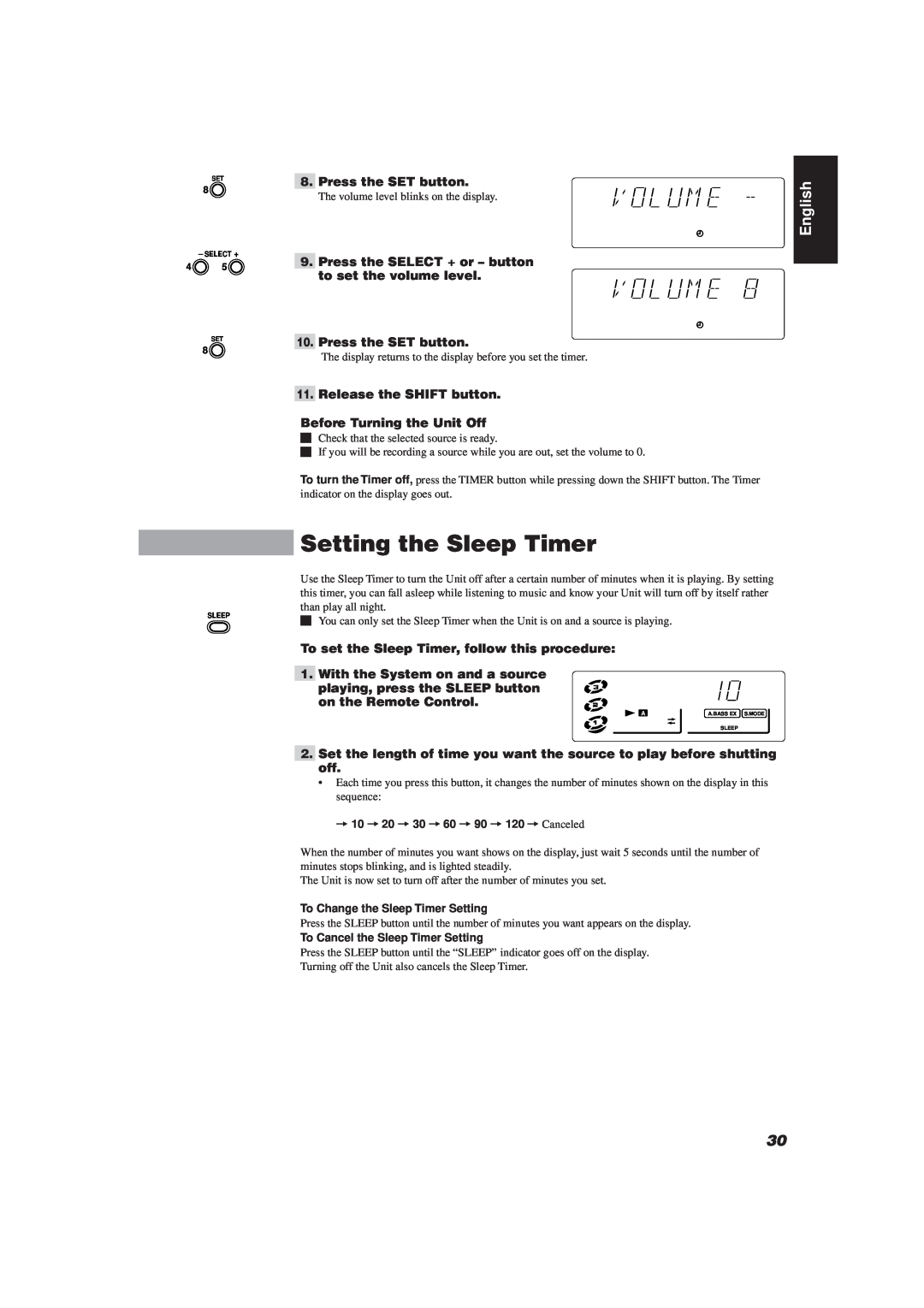 JVC MX-J111V Setting the Sleep Timer, English, Press the SET button, Release the SHIFT button, Before Turning the Unit Off 