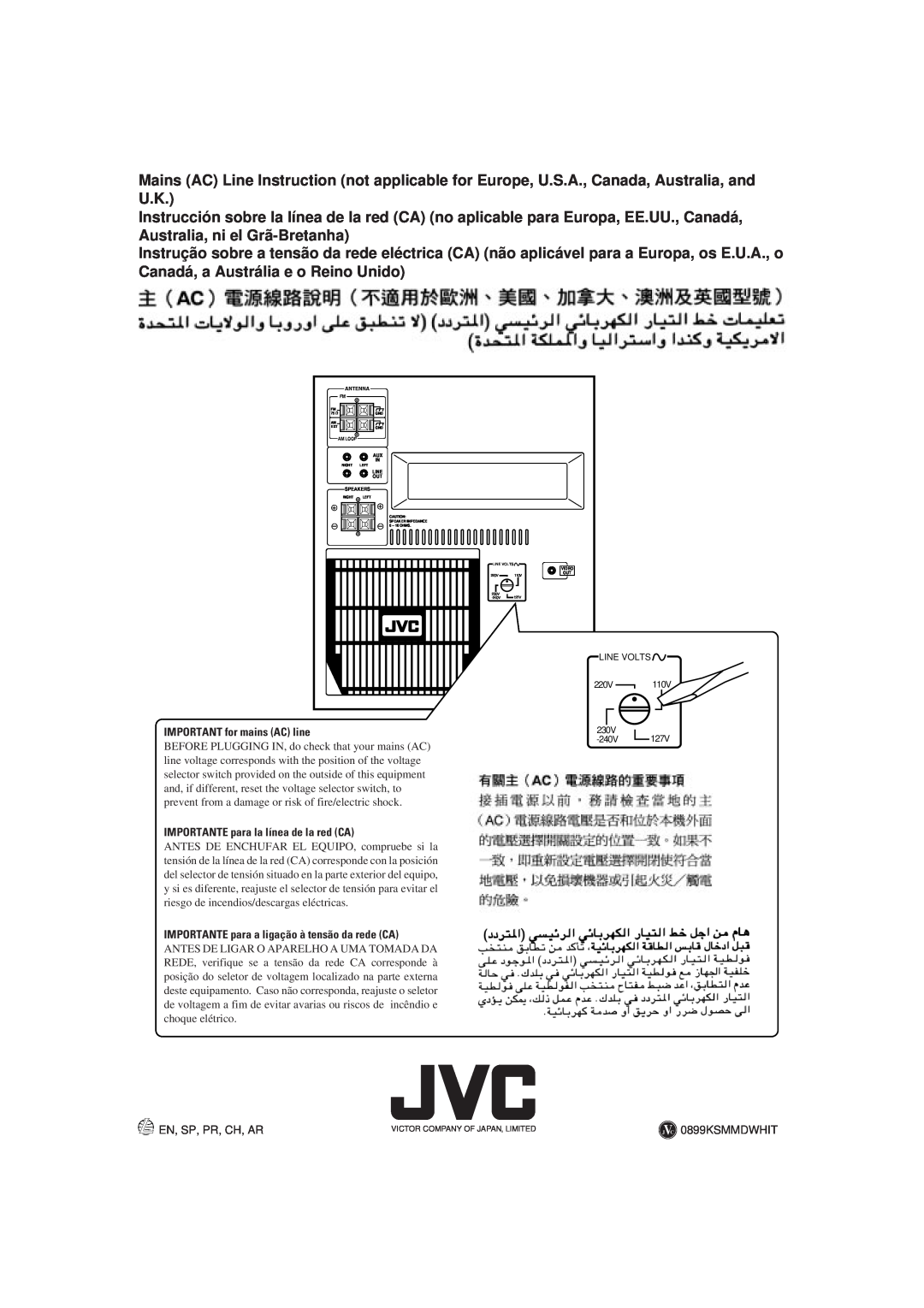 JVC MX-J111V manual IMPORTANT for mains AC line, IMPORTANTE para la línea de la red CA, JVC 0899KSMMDWHIT 