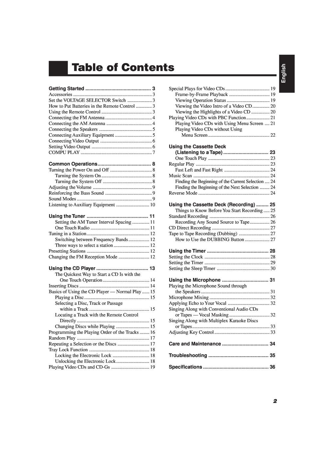 JVC MX-J111V manual Table of Contents, Using the Cassette Deck, English 