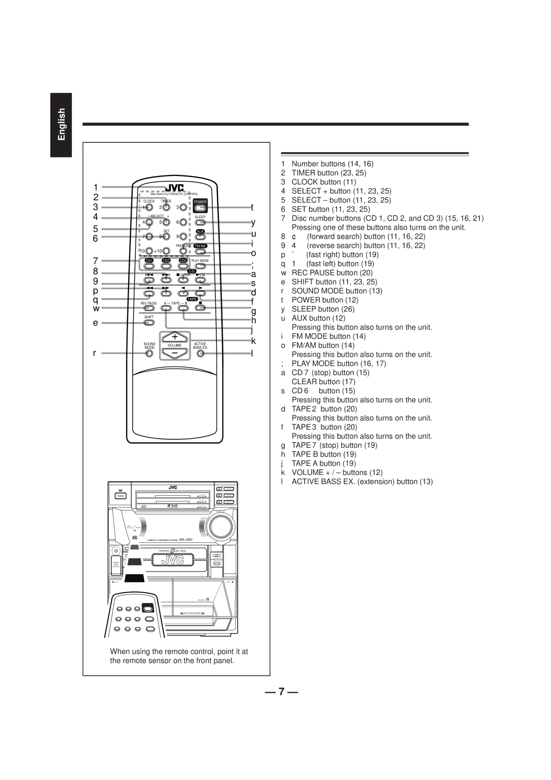 JVC SP-MXJ300, MX-J206, CA-MXJ206, SP-MXJ200, SP-MXJ206, MX-J200 manual Remote Control 