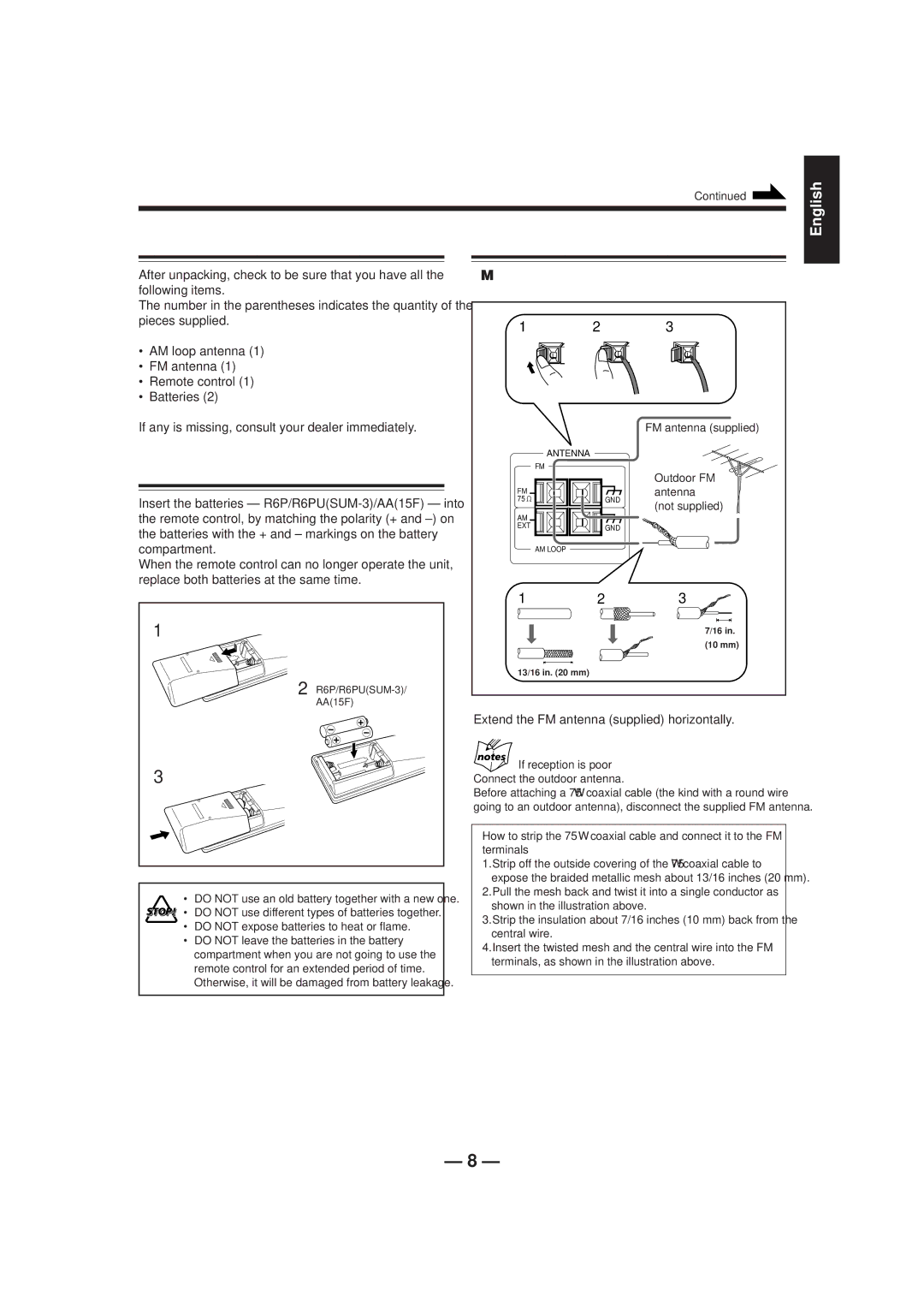 JVC MX-J200, MX-J206 manual Getting Started, Unpacking Connecting Antennas, Extend the FM antenna supplied horizontally 