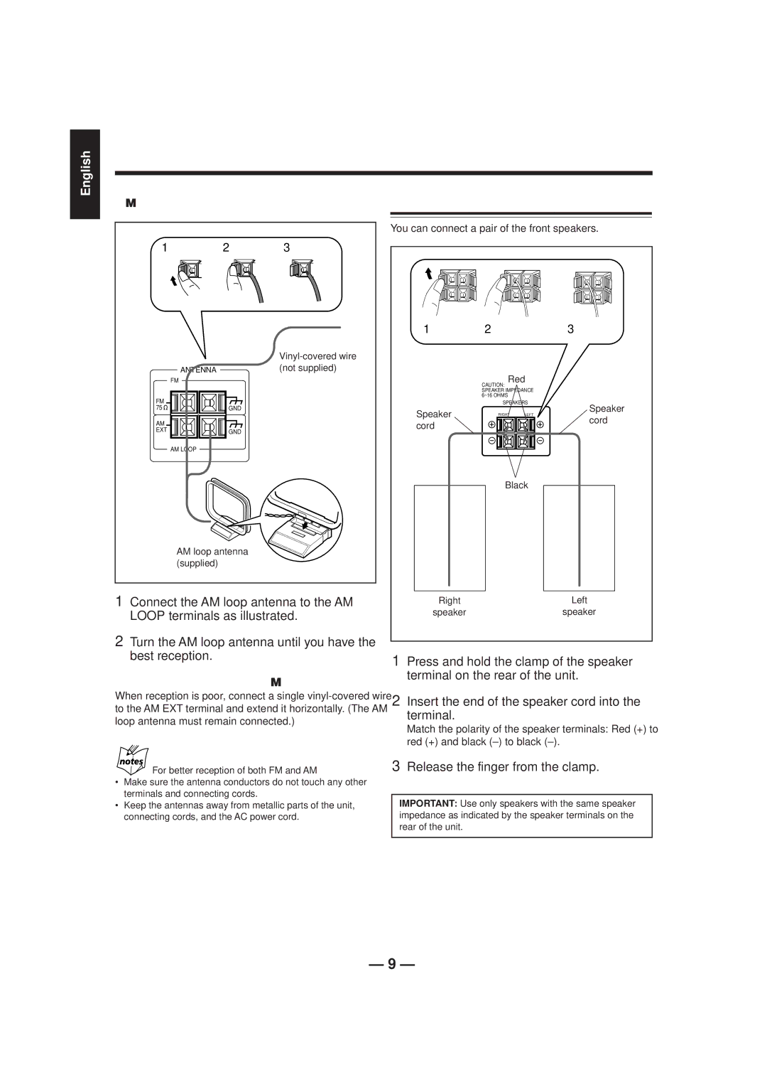 JVC MX-J206, CA-MXJ206 manual Connecting Speakers, Release the finger from the clamp, To connect an outdoor AM antenna 