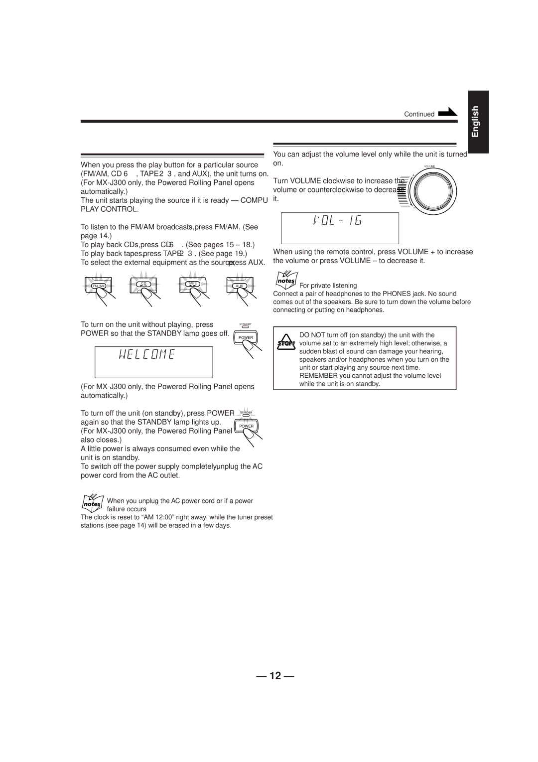 JVC SP-MXJ206, MX-J206, CA-MXJ206, SP-MXJ200, SP-MXJ300 Turning On the Power and Selecting the Sources, Adjusting the Volume 