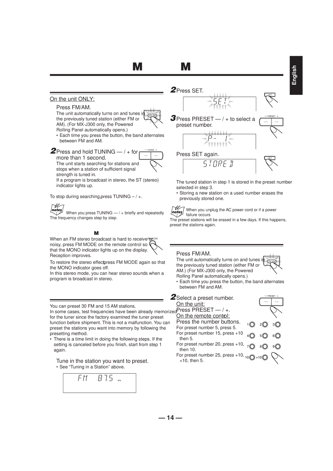 JVC MX-J200 manual Listening to FM and AM Broadcasts, Tuning in a Station, Tuning in a Preset Station, Presetting Stations 