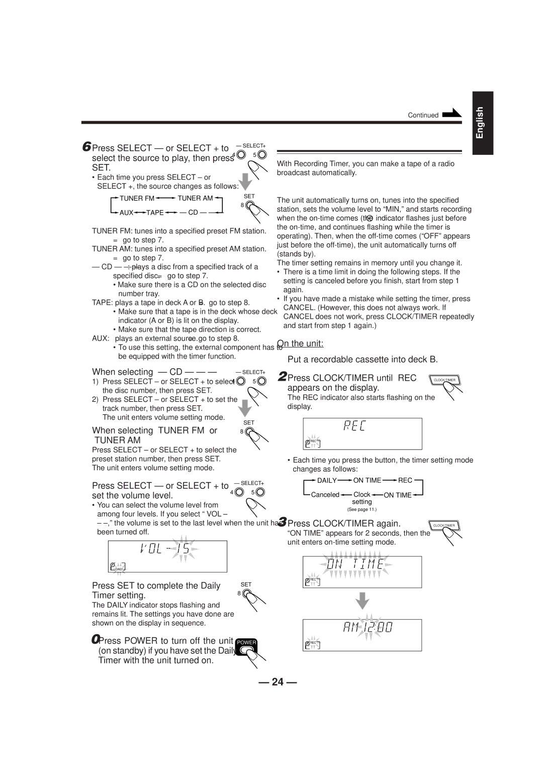 JVC SP-MXJ206, MX-J206, CA-MXJ206 Using Recording Timer, Press Select or Select + to, Set the volume level, Timer setting 